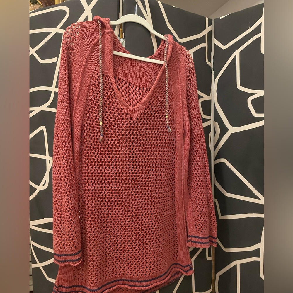 Free People Mauve Pink open knit sweater with hood and colorful ties